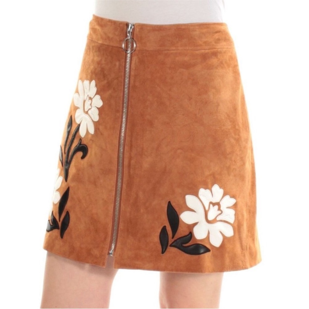 INC International Concepts Suede‎ Leather Camel Fully Lined Zip Front Mini Skirt